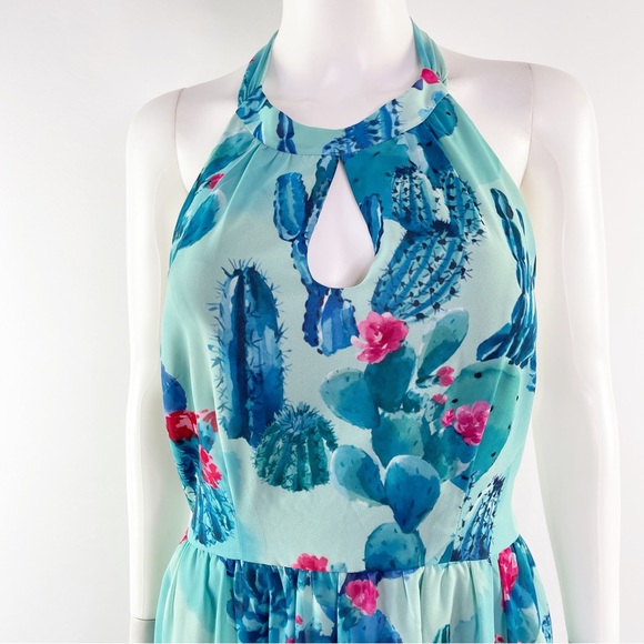 Modcloth Women's Sz L BLOGGER THE BETTER Floral Cactus Halter Dress Green/Pink - Picture 3 of 10